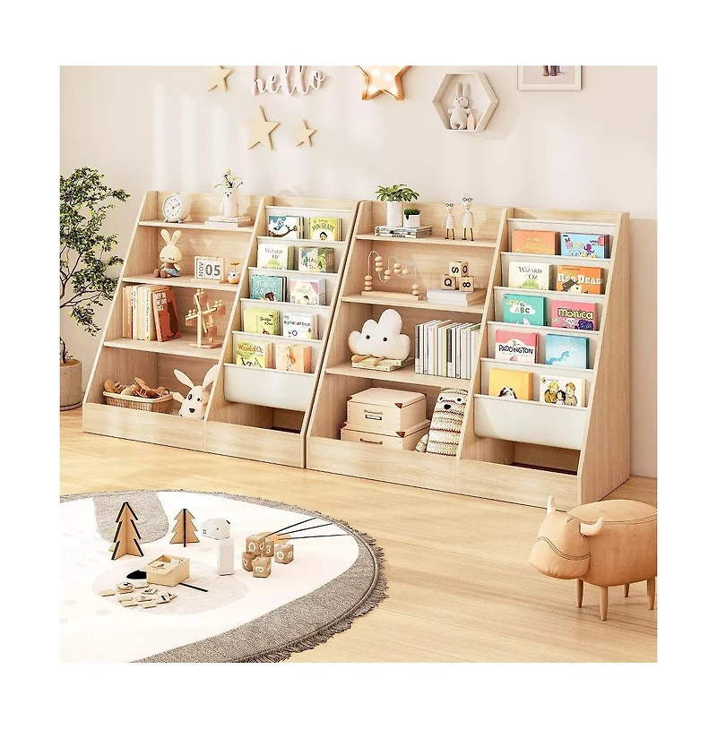 Gouun 4-Tier Kids Bookshelf and Toy Storage Organizer with Sling Pockets