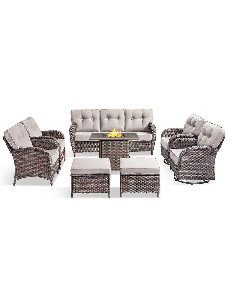 Pocassy 8 Piece High Back Outdoor Furniture with 5-inch Thick Cushion, Patio Set 30" Square Fire Pit Table and Swivel Chairs