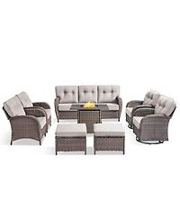 Pocassy 8 Piece High Back Outdoor Furniture with 5-inch Thick Cushion, Patio Set 30" Square Fire Pit Table and Swivel Chairs