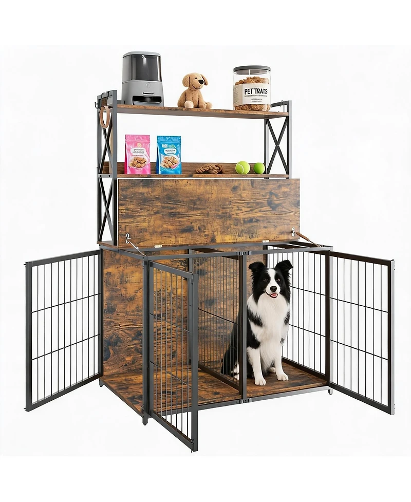 homfan Dog Crate Furniture, Wooden Heavy Duty Dog Kennel with Storage Shelves and 4 Doors for Small or Medium Dogs