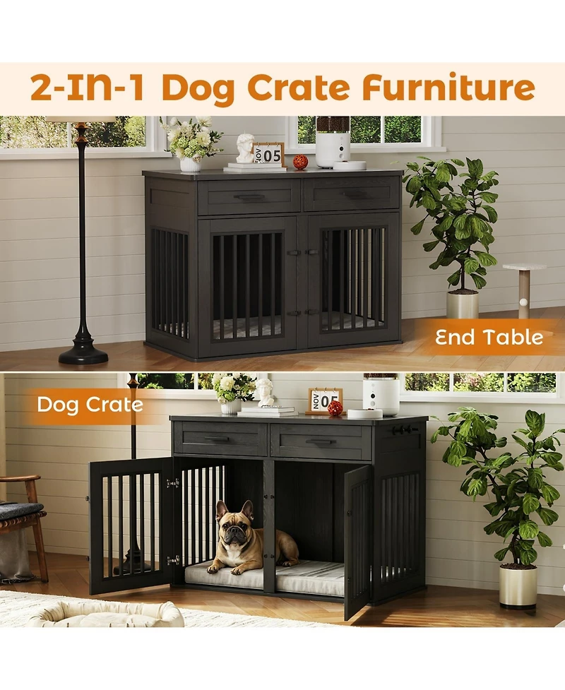 homfan Dog Crate Furniture Wooden Heavy Duty Indoor Kennel, Storage Drawers