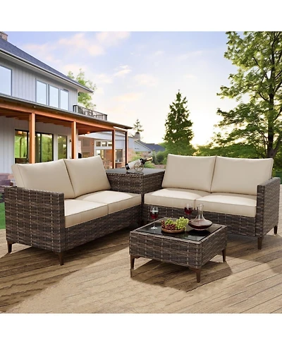 homfan 4-Piece All-Weather Pe Rattan Sectional Furniture Set with Loveseat Sofa, Coffee Table Storage-Ideal for Backyard, Poolside