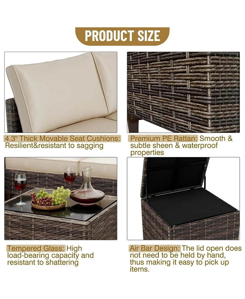 homfan 4-Piece All-Weather Pe Rattan Sectional Furniture Set with Loveseat Sofa, Coffee Table Storage-Ideal for Backyard, Poolside