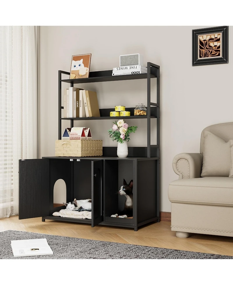 homfan 52" Cat Litter Box Enclosure with Storage Shelves and Double Doors, Modern Wooden Cabinet, Scratch Pad.