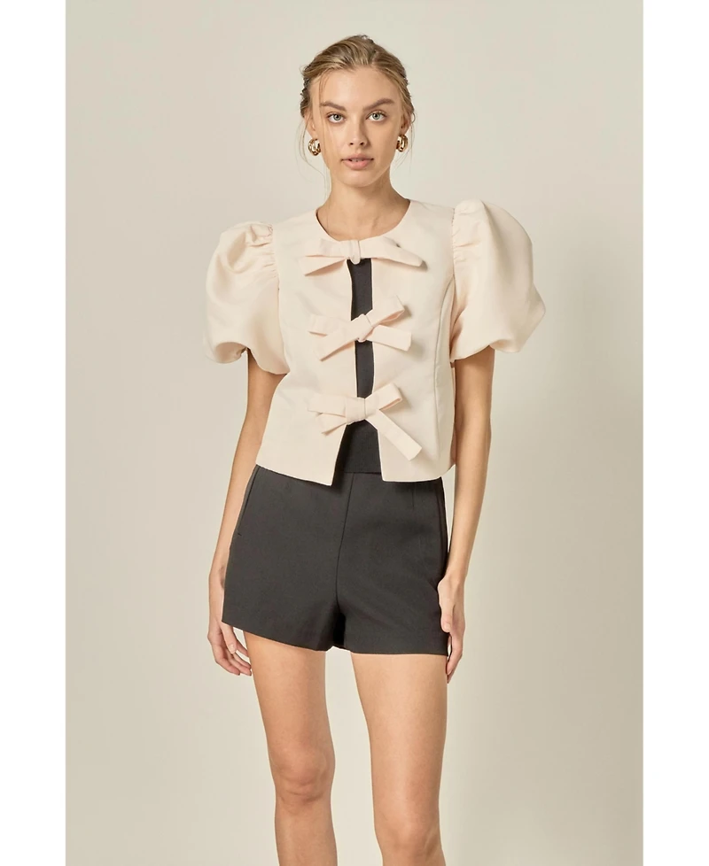 English Factory Women's Bow Detailed Puff Sleeve Top