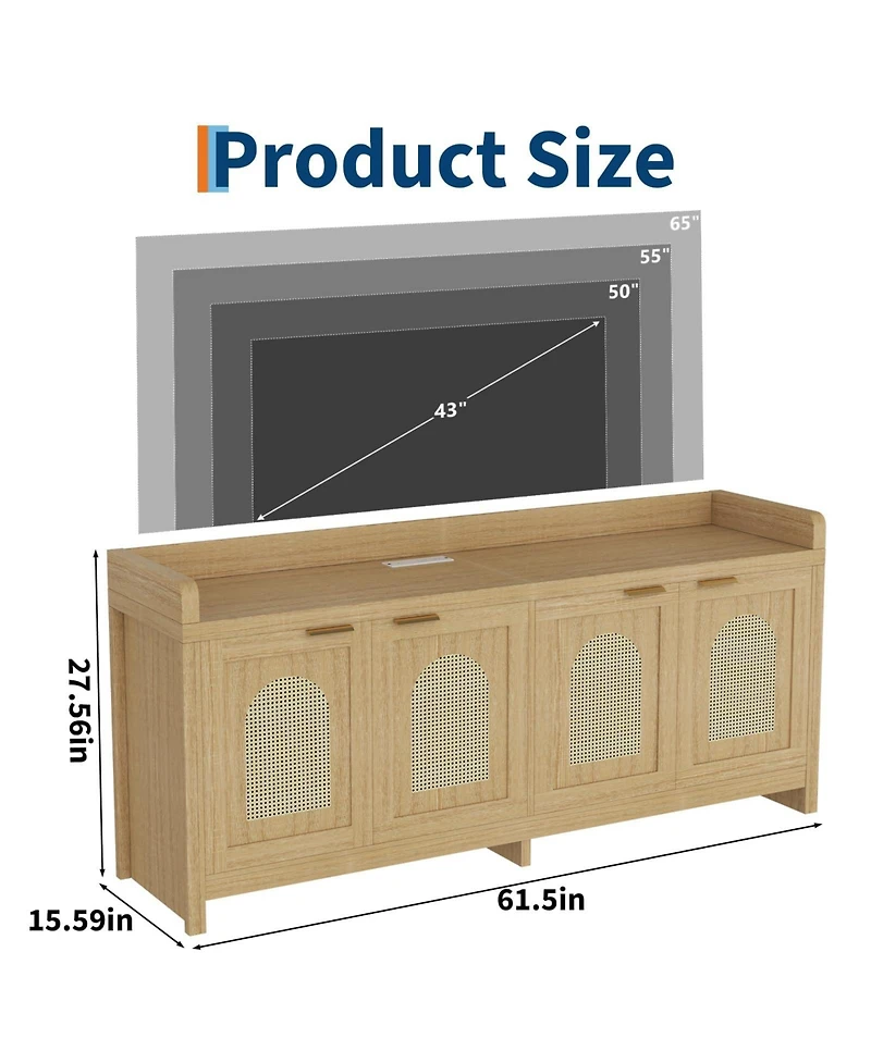gaomon 61.5" Mid-Century Rattan Tv Stand for TVs up to 65", Entertainment Center with Glass Doors and Storage Cabinets