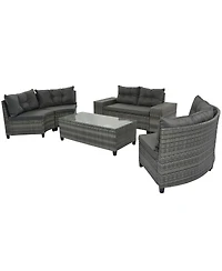 Asagikoiai 8-Piece Outdoor Wicker Half-Moon Patio Sectional Sofa Set with Coffee and Side Tables-Asagikoiai