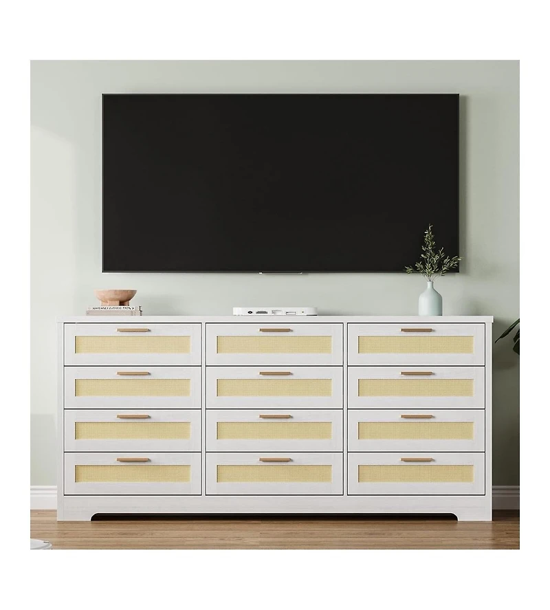 gaomon Modern Rattan Wood Dresser with 12 Drawers for Bedroom Storage