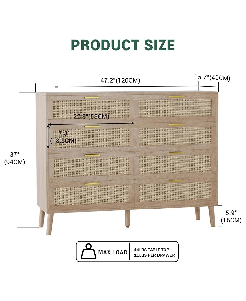 gaomon 8 Drawer Rattan Dresser with 5 Legs, Farmhouse Wood Chest for Bedroom
