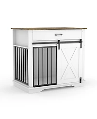 homfan Modern Farmhouse Wooden Dog Crate - Double Doors, Storage Drawer and Cabinet, End Table, Carbon Steel Frame.