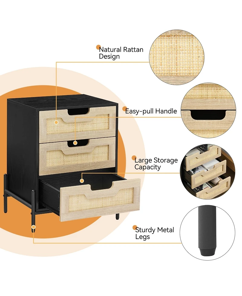 gaomon Set of 2 Rattan Nightstands with 3 Natural Rattan Drawers