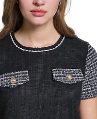 Karl Lagerfeld Paris Petite Short-Sleeve Trim Crewneck Blouse