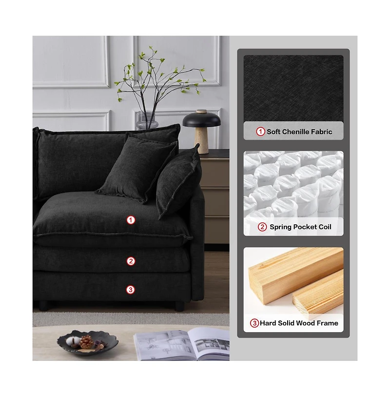Rainsken 3 Seater L-Shaped Modular Sofa With Footstool, Upholstered Soft Chenille Fabric Sofa