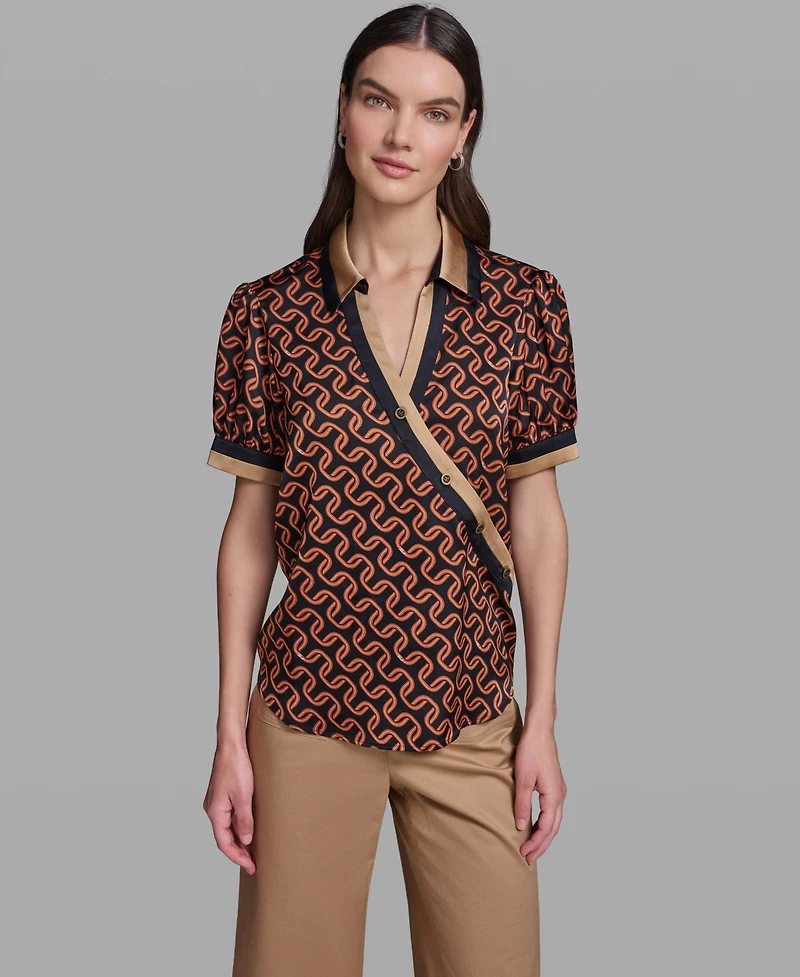 Karl Lagerfeld Paris Women's Geometric Print Satin Button-Front Blouse