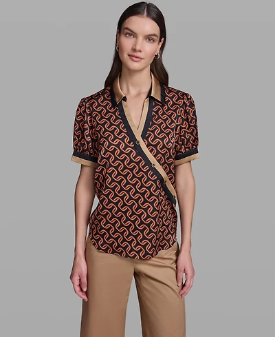 Karl Lagerfeld Paris Women's Geometric Print Satin Button-Front Blouse