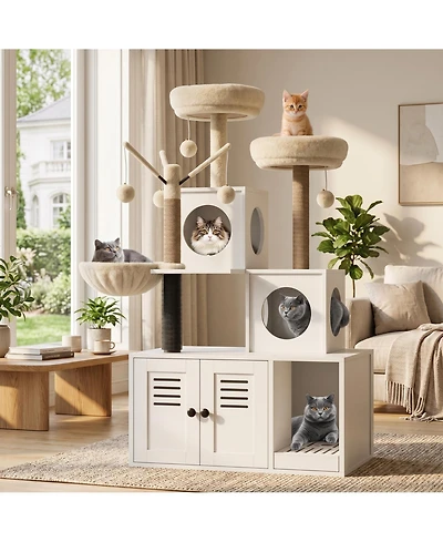Homfan 2-in-1 Modern Cat House & Litter Box Enclosure with Tree, Hidden Washroom, Hammock, Scratching Posts Soft Perches