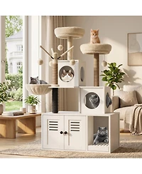 Homfan 2-in-1 Modern Cat House & Litter Box Enclosure with Tree, Hidden Washroom, Hammock, Scratching Posts Soft Perches