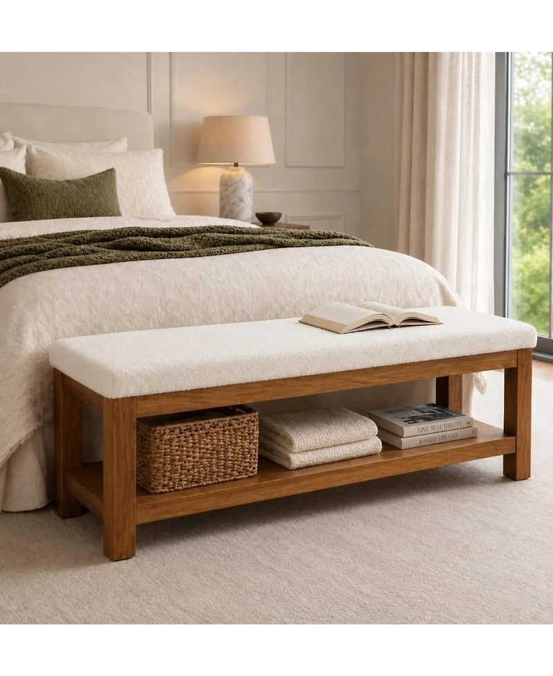 Tribesigns Solid Wood Dining Bench with Sturdy Frame, Farmhouse Upholstered Bench with 2-Tier Storage Shelf for Dining Room, Living Room, Hallway