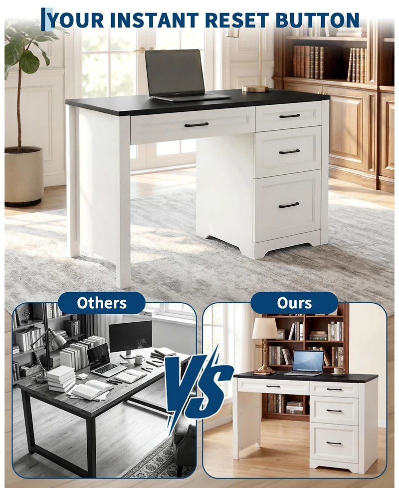 homfan Farmhouse Executive Desk with File Cabinet and Storage Drawers - Space-Saving Small Home Office Desk for Bedroom or Study