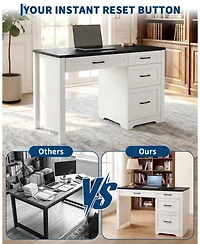 homfan Farmhouse Executive Desk with File Cabinet and Storage Drawers - Space-Saving Small Home Office Desk for Bedroom or Study