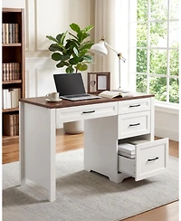 homfan Farmhouse Executive Desk - File Cabinet and Storage Drawers, Space-Saving Small Desk for Bedroom Office