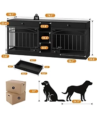 homfan Double Dog Crate Furniture for 2 Small/Medium Dogs with Drawers, Shelves, Feeding Bowls, Indoor Kennel & Tv Stand