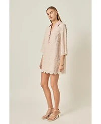 English Factory Women's Striped Embroidered Scallop Hem Shirt Mini Dress