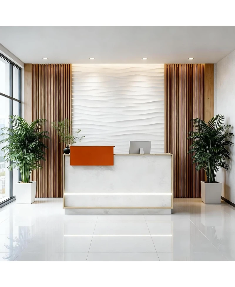 Logicfox Reception Desk with Counter Drawer Keyboard Tray Cabinet and Led Stone Look and Wood