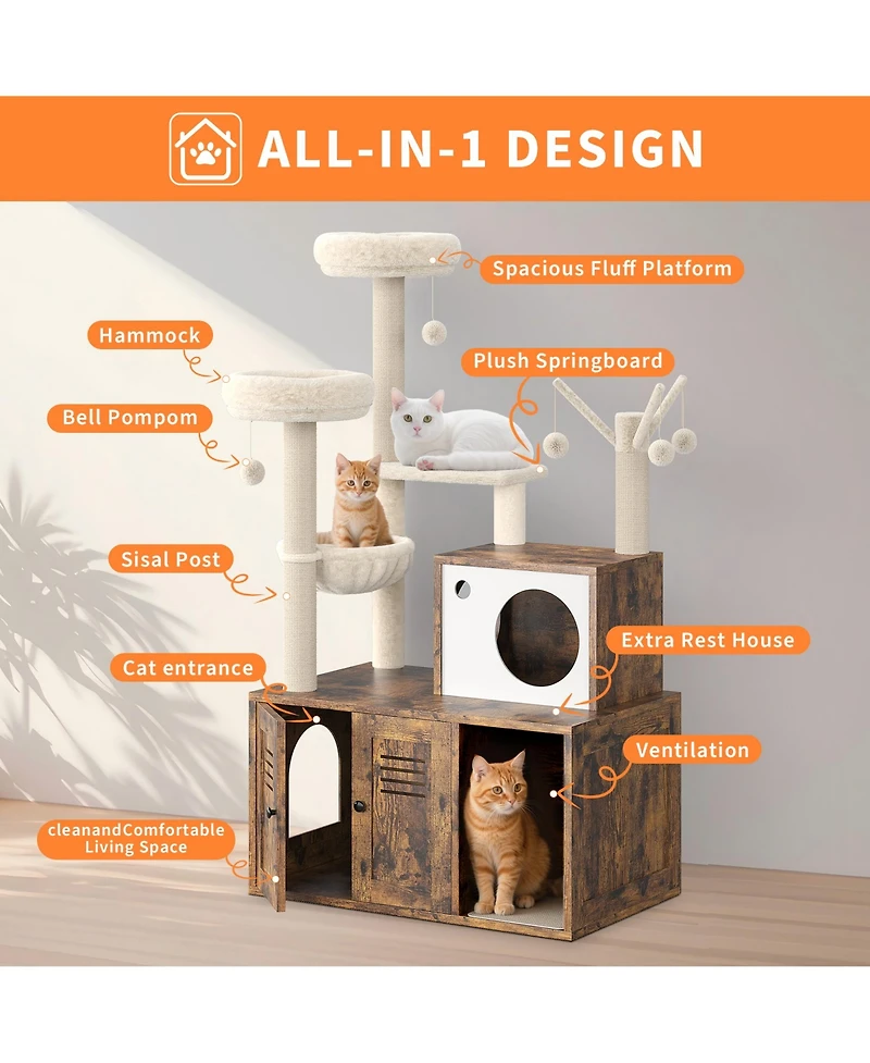 homfan Stylish Wooden Cat Litter Box Enclosure with Barn Door, Bathroom Furniture Cabinet, Fits Most Boxes, Storage Solution, Pet House