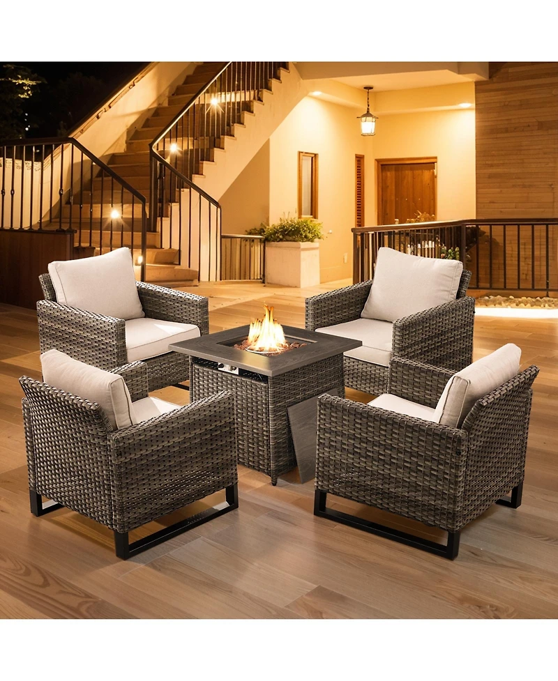Pocassy 5 Pieces Patio Furniture Set with Fire Pit Table, Wicker Chairs, All Weather Outdoor Conversation