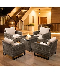 Pocassy 5 Pieces Patio Furniture Set with Fire Pit Table, Wicker Chairs, All Weather Outdoor Conversation