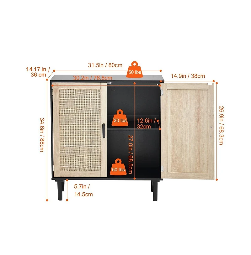 Sugift Rattan Storage Cabinet with Two Magnetic Doors and Adjustable Shelves