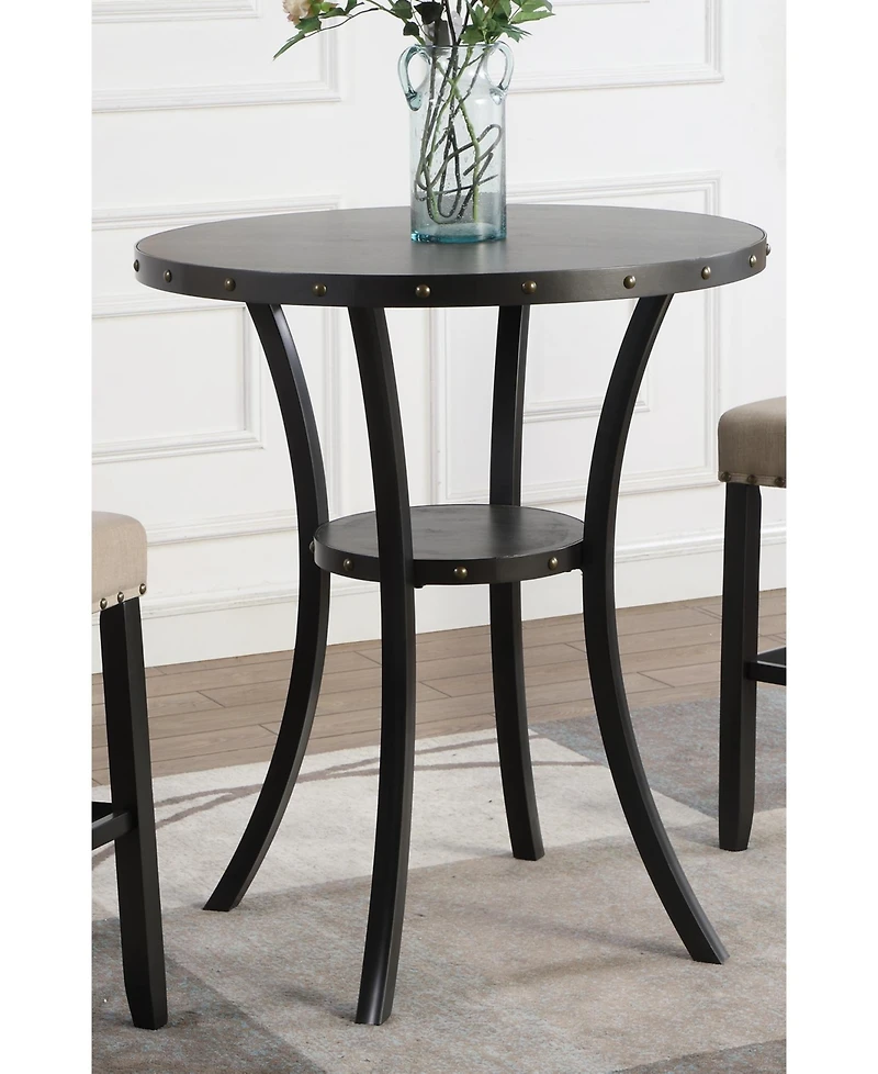 Flynama 3-Piece 36" Round Espresso Bar Table Set with 2 Tan Fabric Nail Head Stools