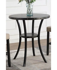 Flynama 3-Piece 36" Round Espresso Bar Table Set with 2 Tan Fabric Nail Head Stools