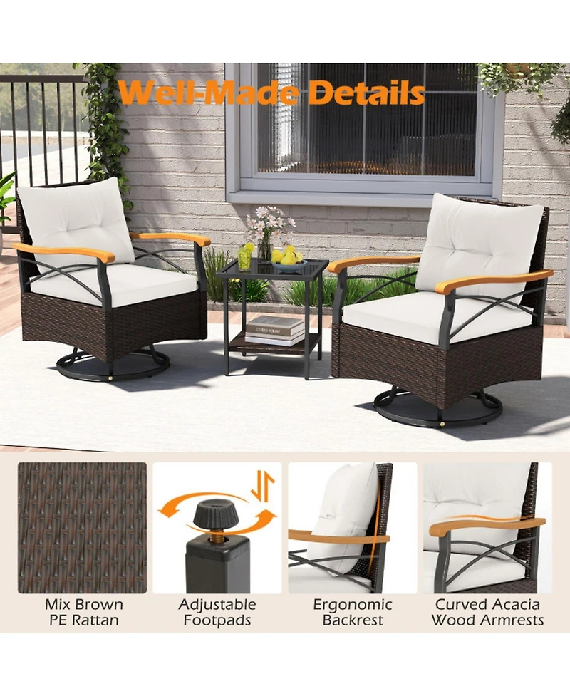 Gouun 3-Piece Outdoor 360-Degree Swivel Chair Set with 2-Tier Glass Side Table
