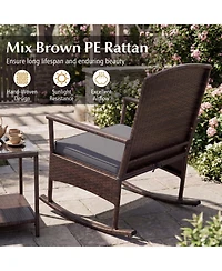 Gymax 3 Piece Patio Rocking Bistro Set 2 Rattan Armchairs w/ 2-Tier Side Table