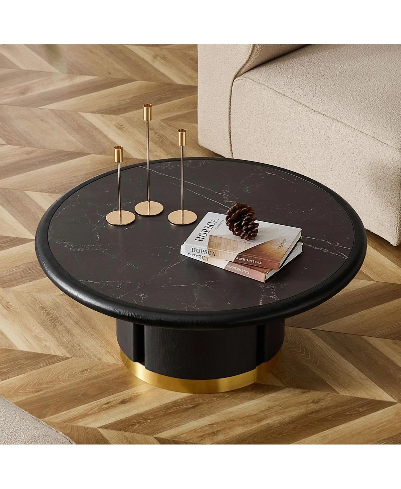 Streamdale Furniture 35.43'' Round Sintered Stone Coffee Table with Brushed Stainless-Steel Base