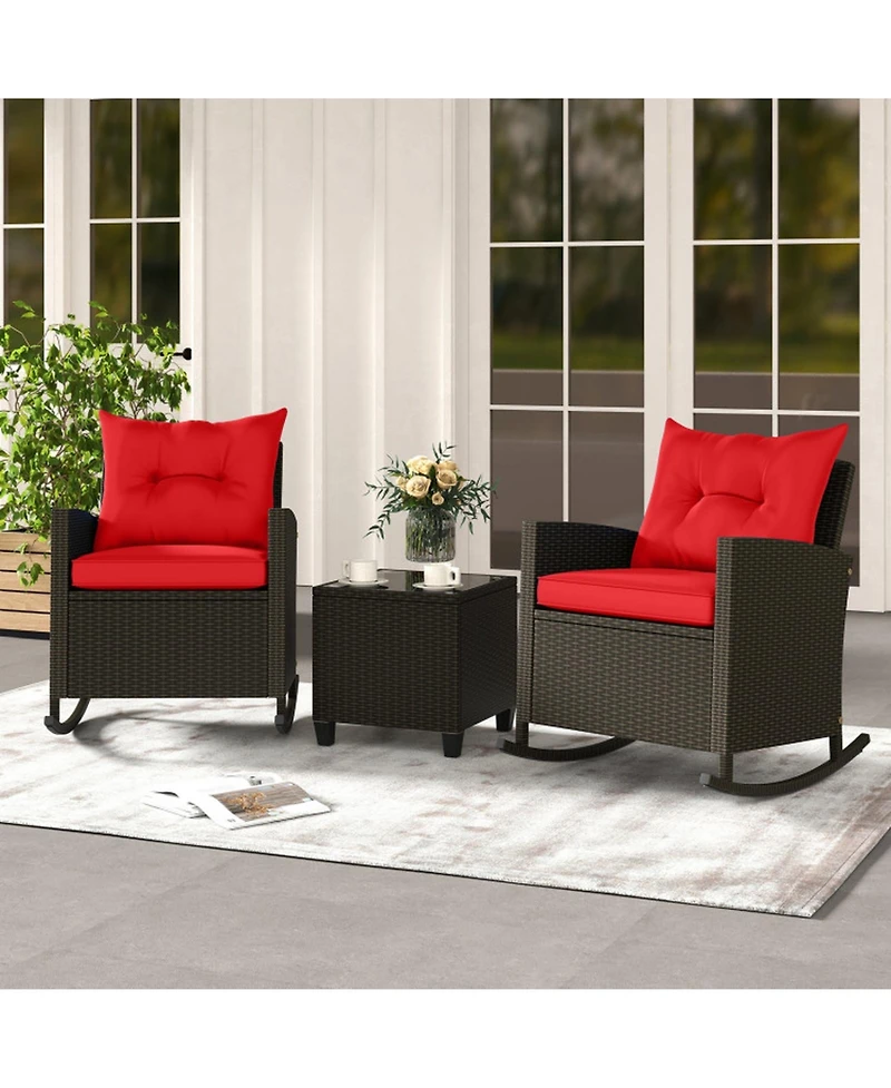Sugift 3-Piece Patio Rattan Rocker Chair Set with Tempered Glass Side Table and Cushions