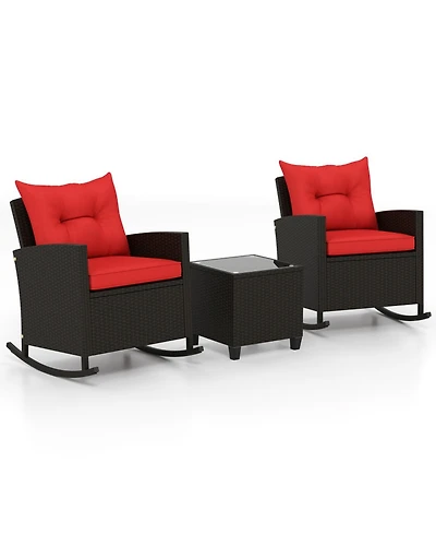 Sugift 3-Piece Patio Rattan Rocker Chair Set with Tempered Glass Side Table and Cushions