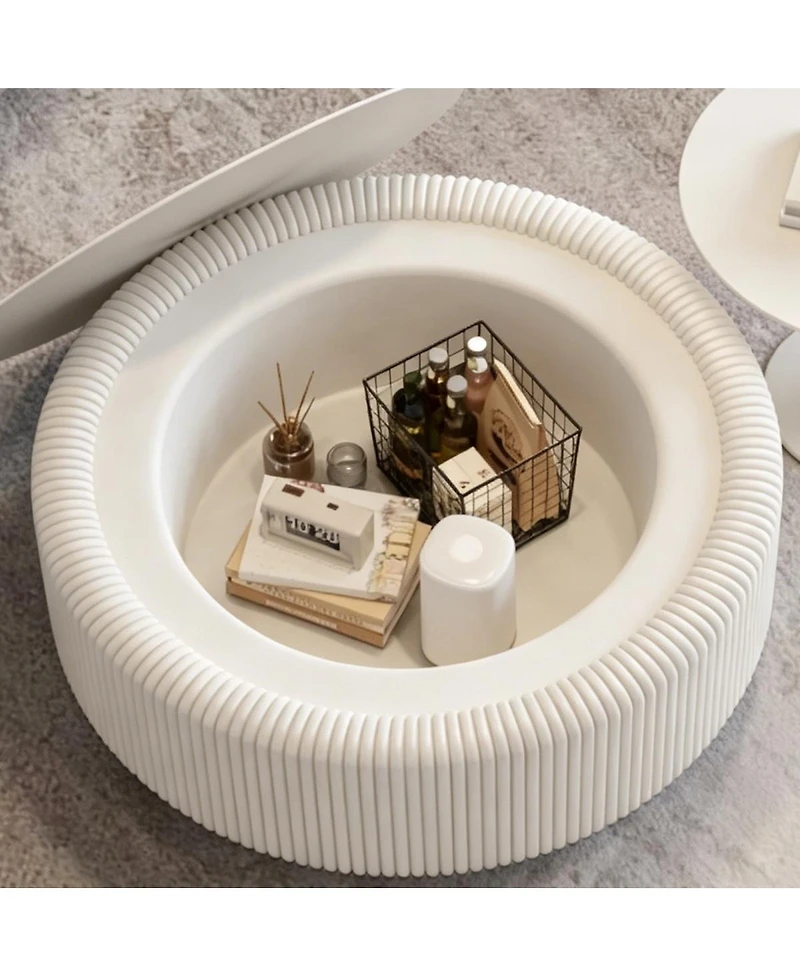 Streamdale Furniture Round Fluted Coffee Table with Tempered Glass Top and Hidden Storage