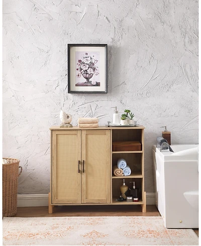 Flynama Mid Century Rattan Storage Cabinet with Open Shelves