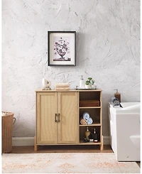 Flynama Mid Century Rattan Storage Cabinet with Open Shelves