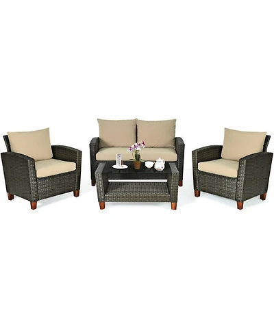 Sugift 4-Piece Outdoor Rattan Furniture Set with Cushions