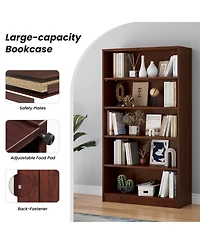 Flynama 60 Inch Tall 5-Shelf Adjustable Cherry Wood Bedroom Bookcase