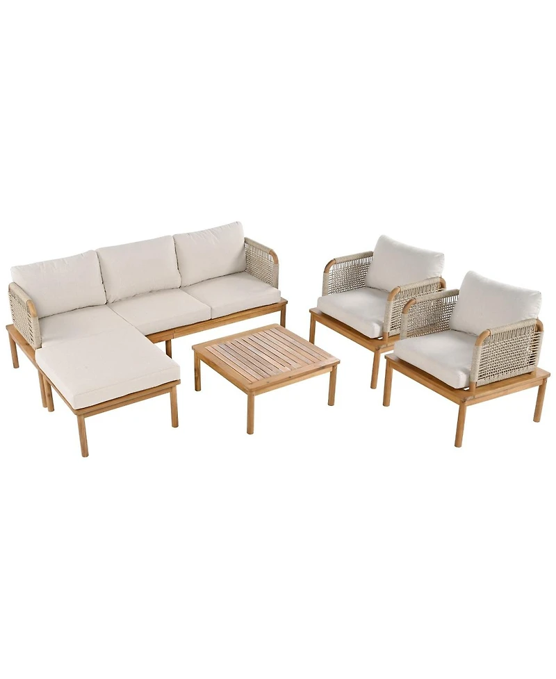 Asagikoiai 5-Piece Acacia Wood Outdoor Conversation Sofa Set with Rope Weave and Waterproof Cushions