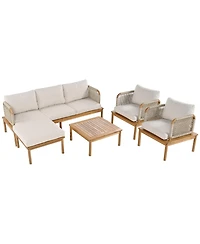 Asagikoiai 5-Piece Acacia Wood Outdoor Conversation Sofa Set with Rope Weave and Waterproof Cushions