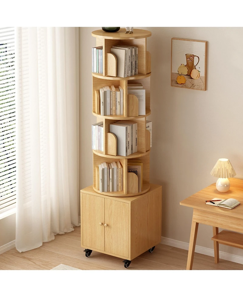 Flynama 5-Tier Rotating Corner Bookshelf with Double Door Drawer, 360 Degree Revolving Wooden Home Storage Rack