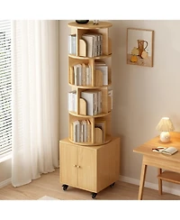 Flynama 5-Tier Rotating Corner Bookshelf with Double Door Drawer, 360 Degree Revolving Wooden Home Storage Rack