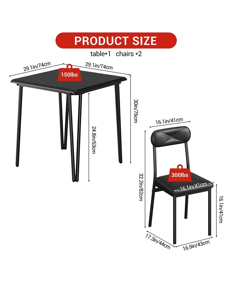homfan 3 Pieces Dining Table Set, Square Kitchen and Upholstered Chairs for 2, Wooden Room Set with Metal Frame Small Places