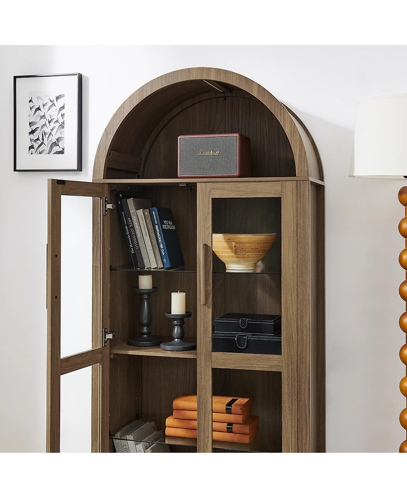 Flynama High Arched Led Light Wooden Storage Cabinet Adjustable Glass Partition Modern Retro Home Multi-Functional Display Cabinet